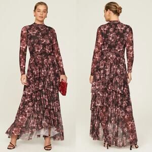 Ted Baker Janeti Dress Floral Print Mesh Long Sleeve Tiered Maxi Black Pink 12